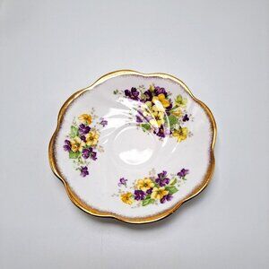 Rosina Bone China Saucer Gold Trim Yellow & Purple Pansies Floral England Vintag